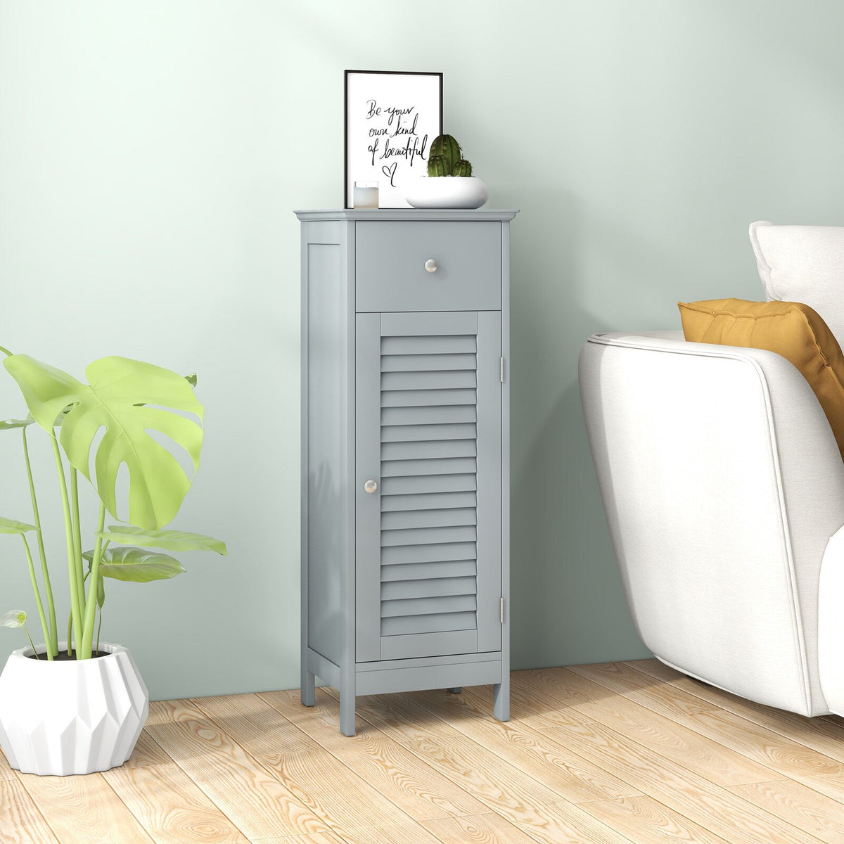 Gray MDF Bathroom Floor Cabinet with Drawer & Shutter Door