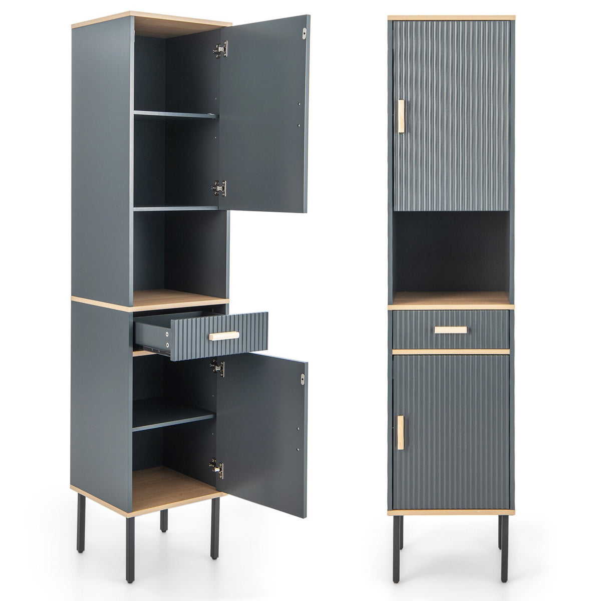 Gray Narrow Bathroom Cabinet with Doors and Drawer