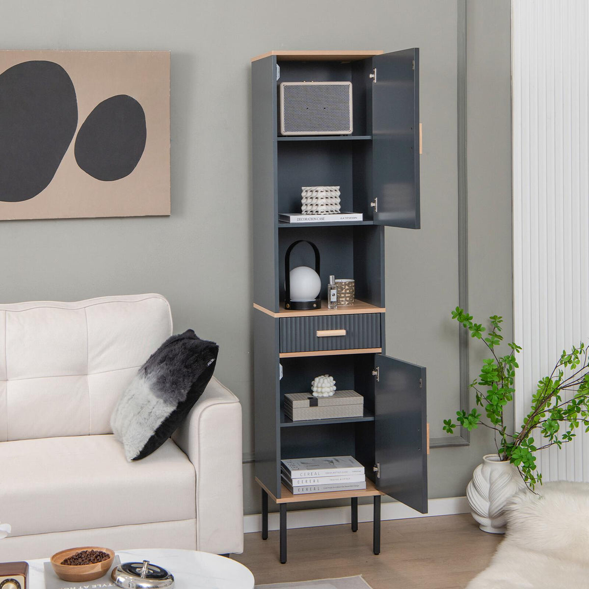 Gray Narrow Bathroom Cabinet with Doors and Drawer
