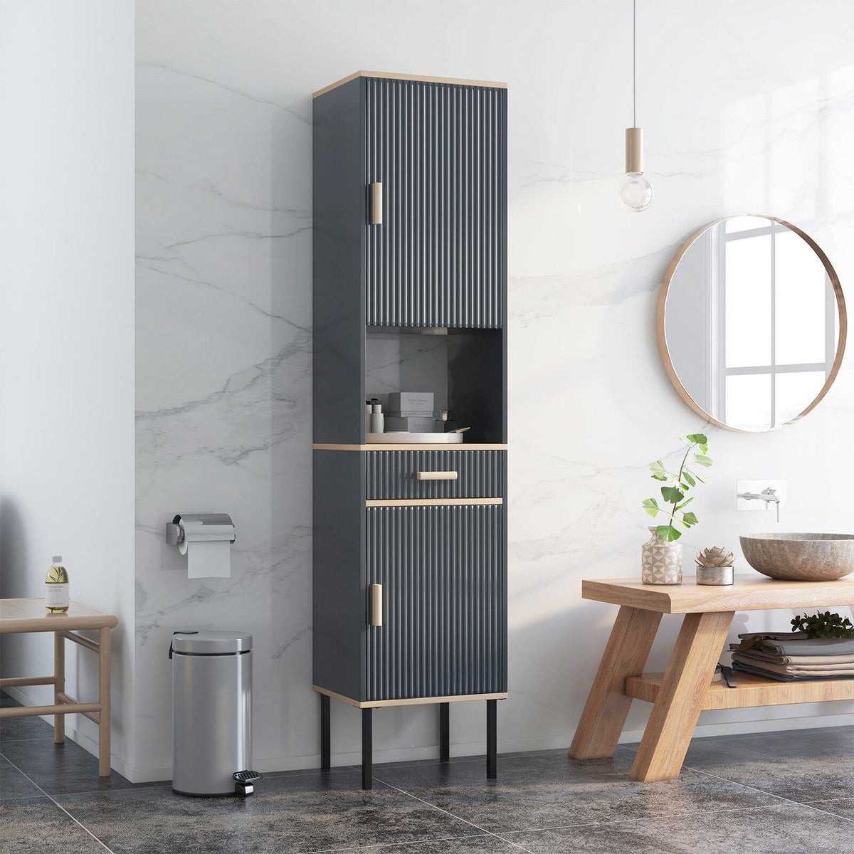 Gray Narrow Bathroom Cabinet with Doors and Drawer