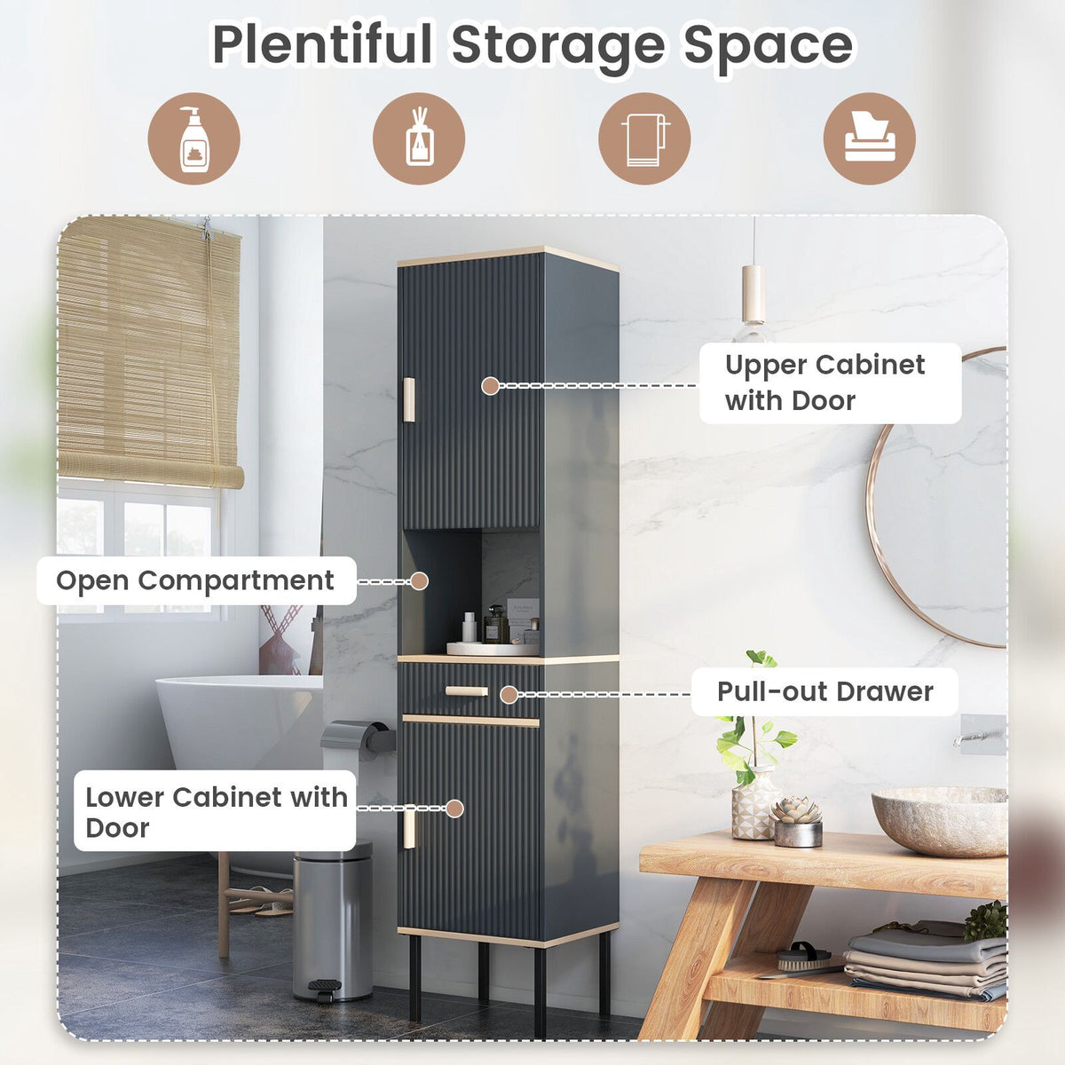 Gray Narrow Bathroom Cabinet with Doors and Drawer