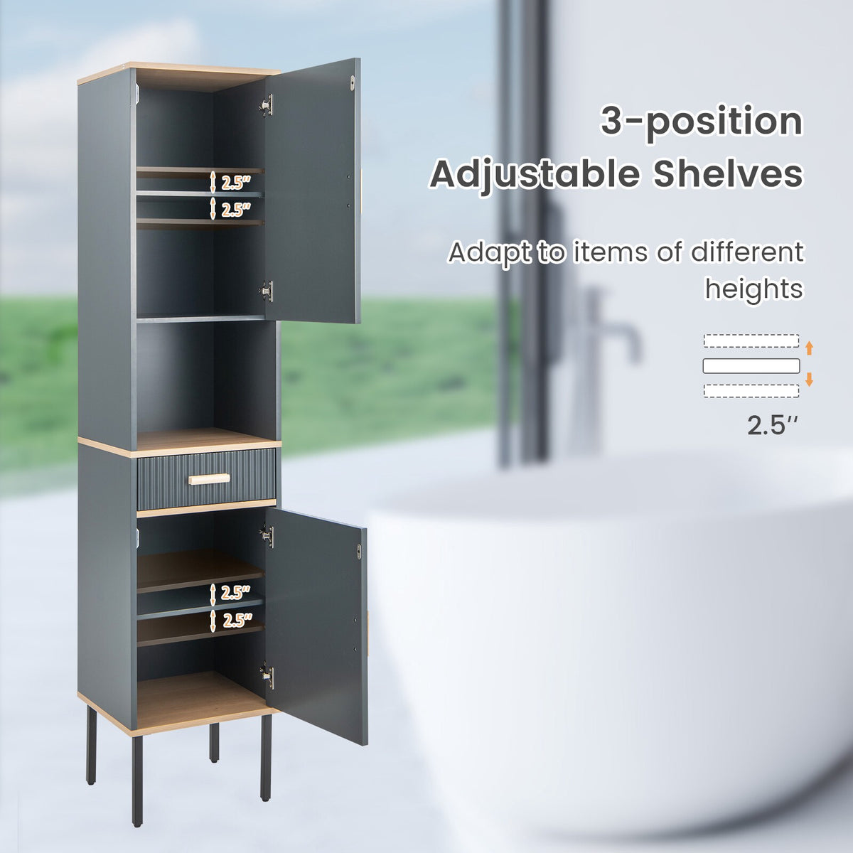 Gray Narrow Bathroom Cabinet with Doors and Drawer