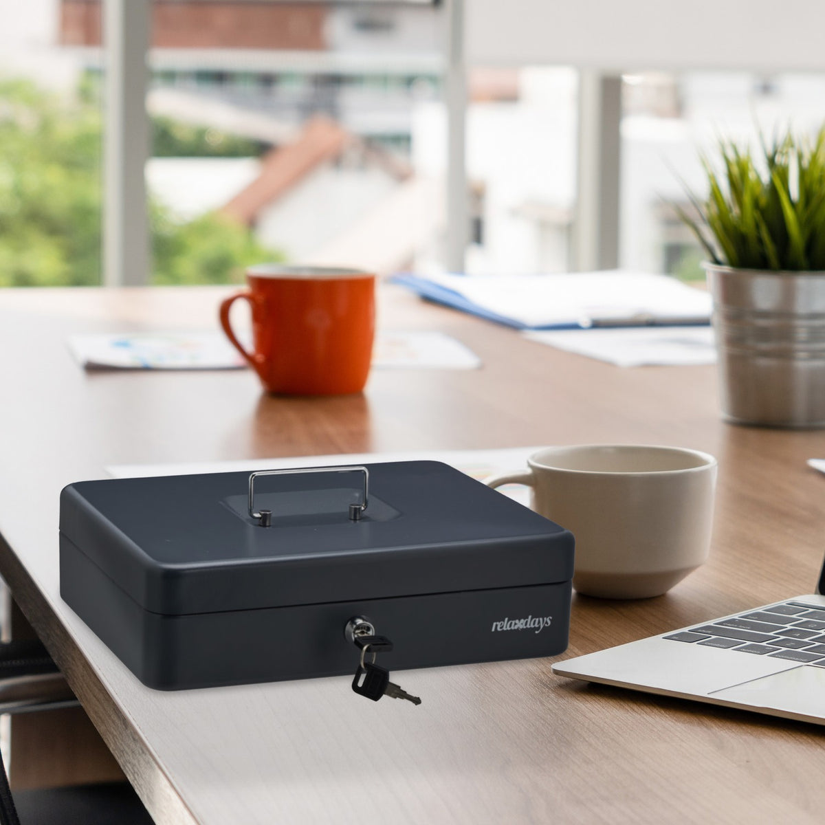 Gray cash box with 2 keys
