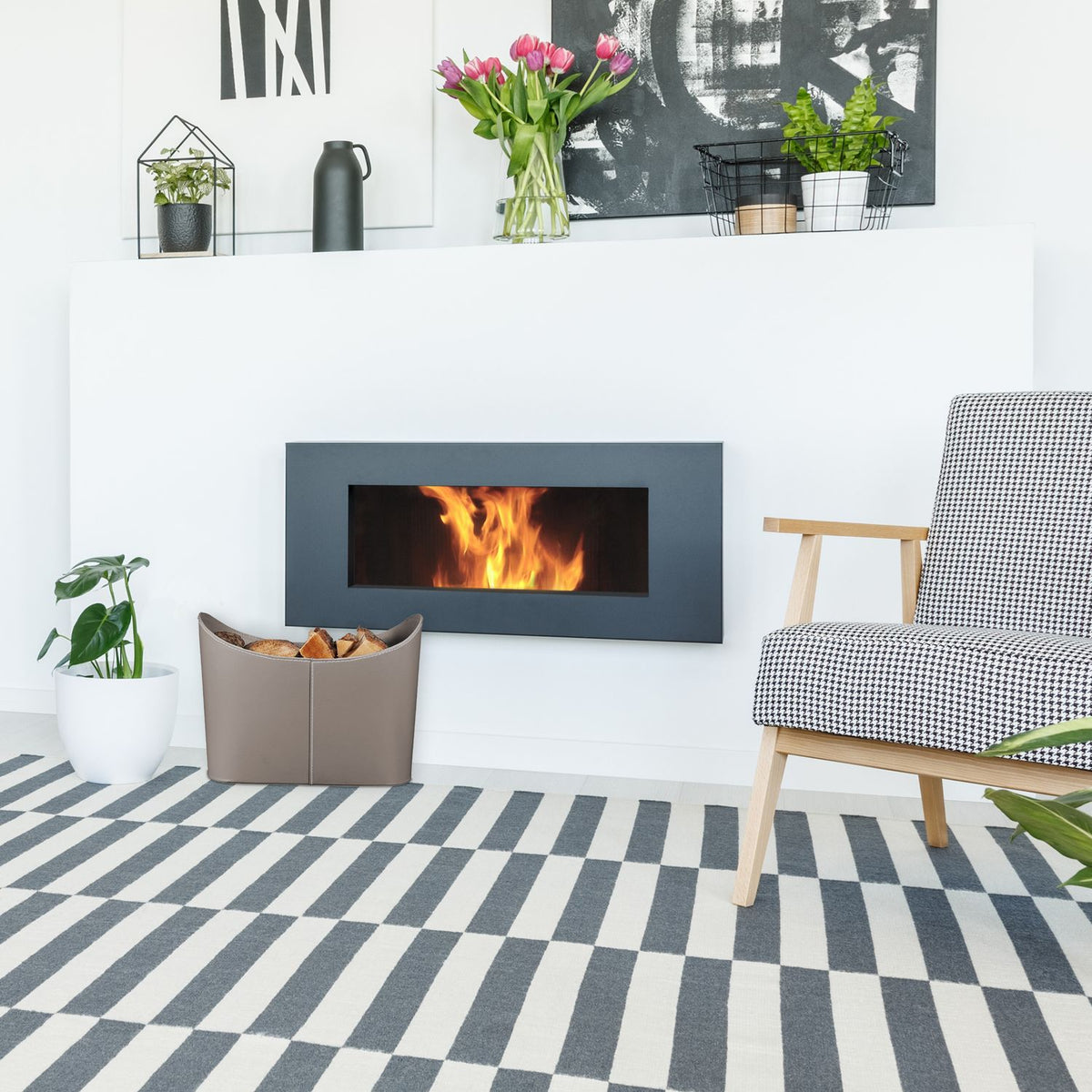 Gray wooden basket in imitation leather