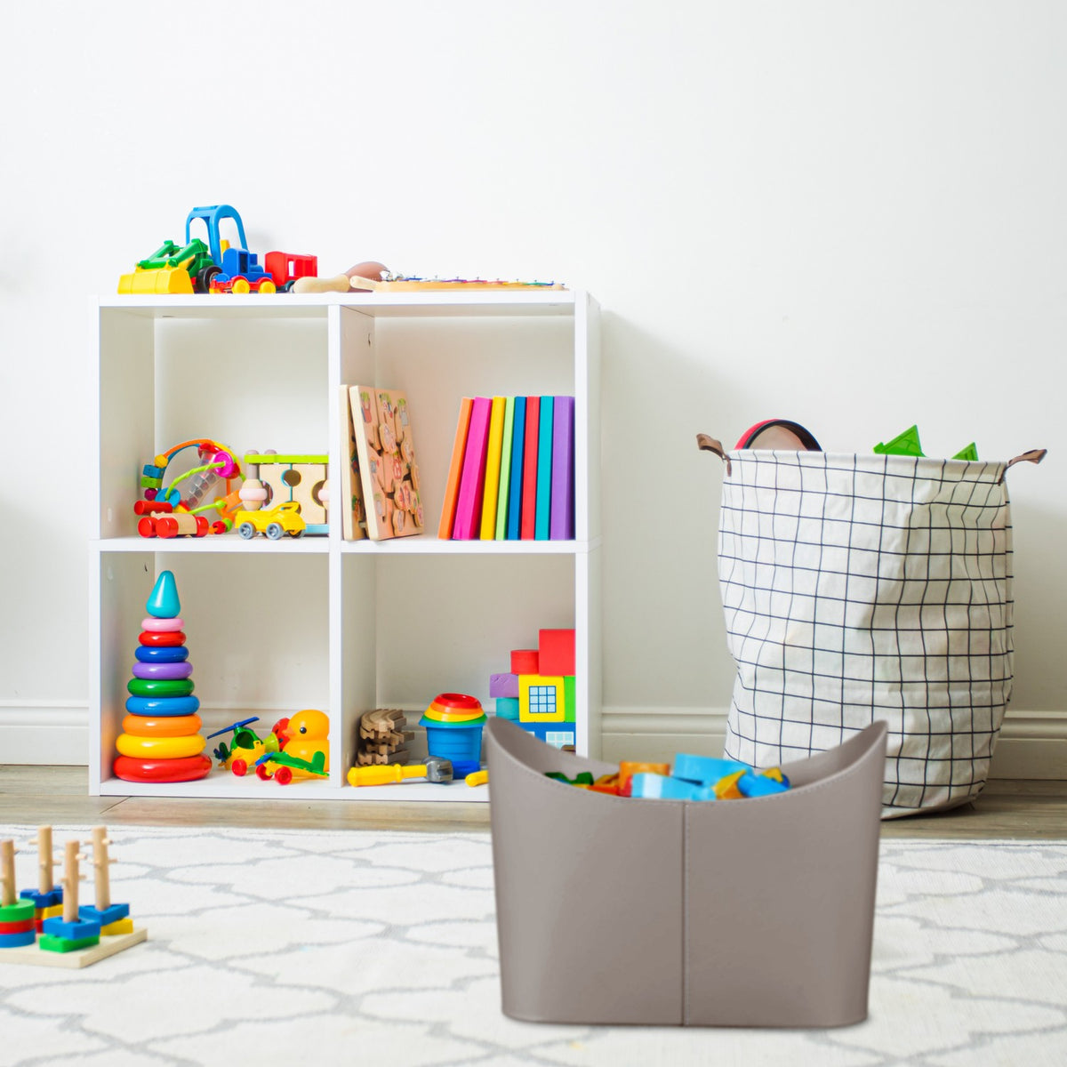 Gray wooden basket in imitation leather