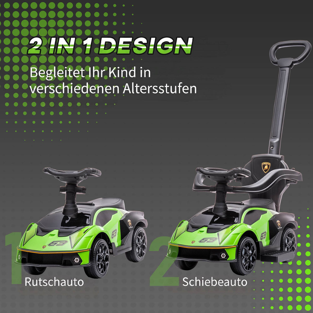 Green 2-in-1 Ride-On Car with Push Handle and Horn