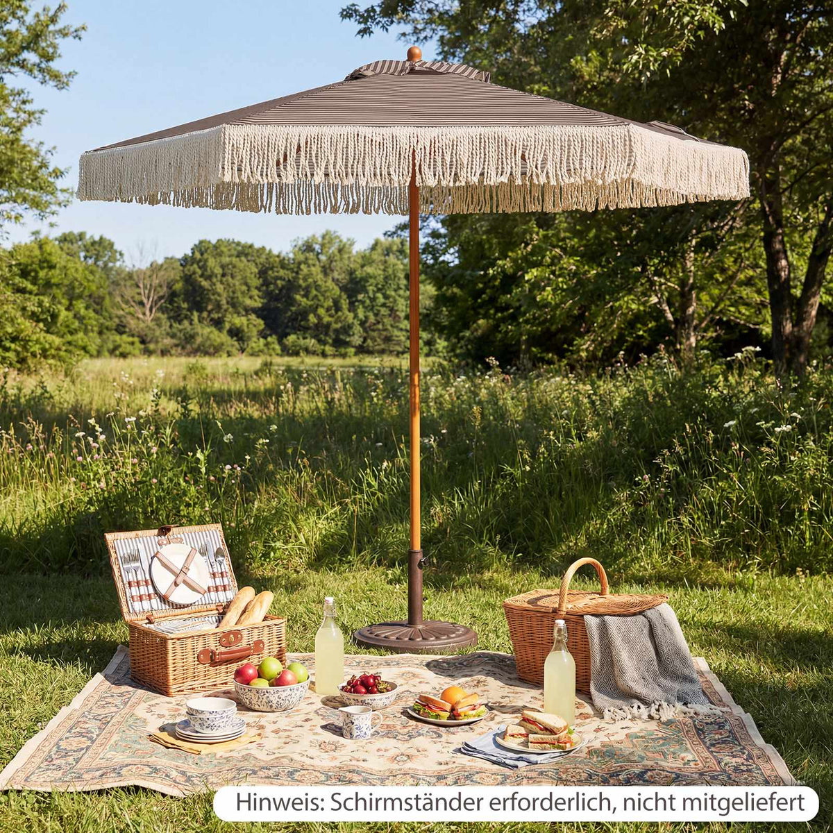 Green 2m Patio Umbrella with Fringe and Metal Pole