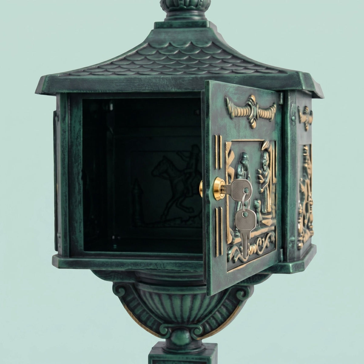 Green Antique Freestanding Column Letterbox, Aluminium