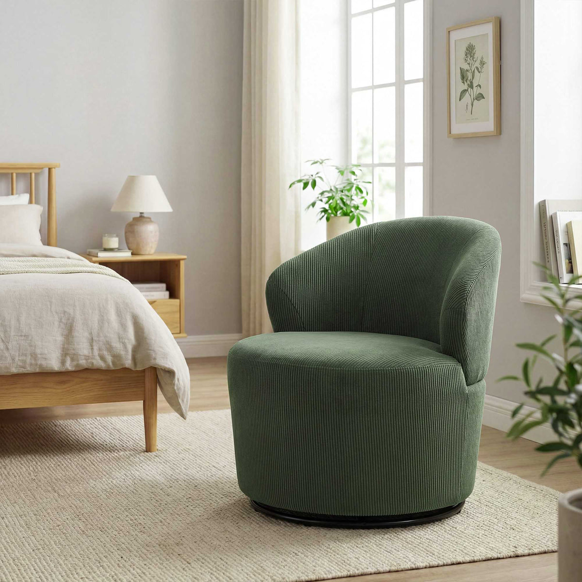 Green Corduroy Swivel Chair, 360 Rotation, Ergonomic Back