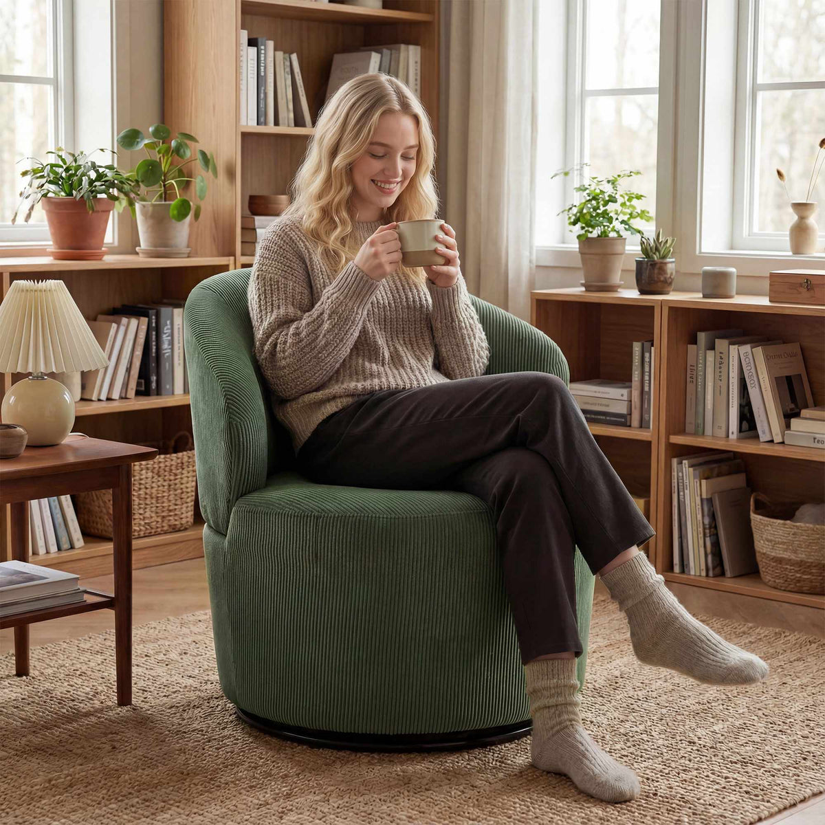 Green Corduroy Swivel Chair, 360 Rotation, Ergonomic Back