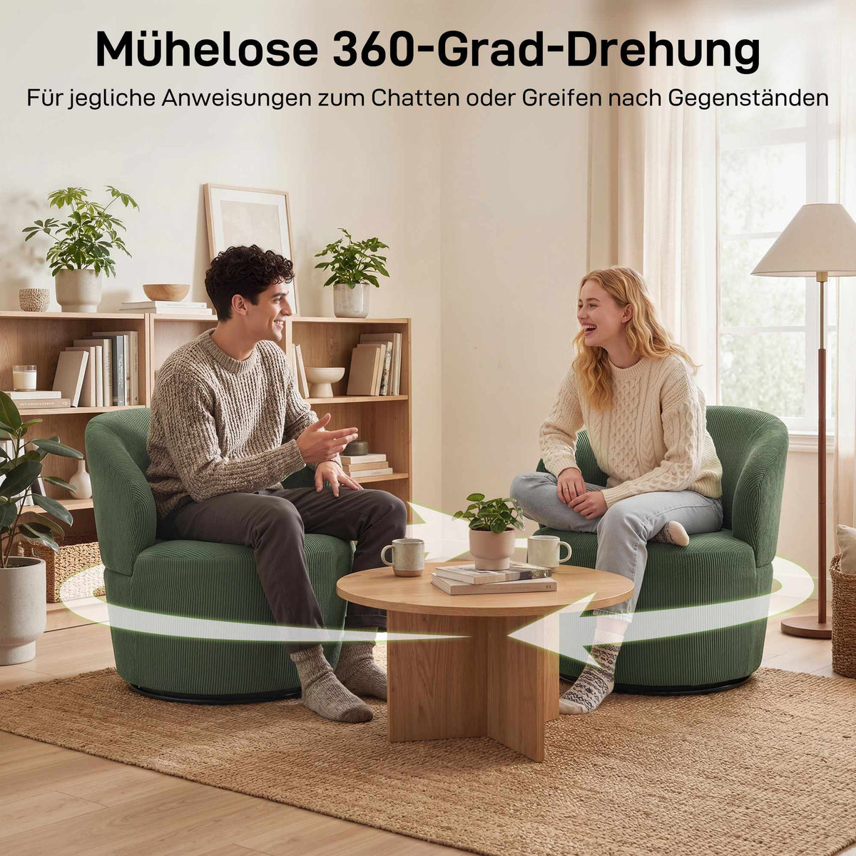 Green Corduroy Swivel Chair, 360 Rotation, Ergonomic Back
