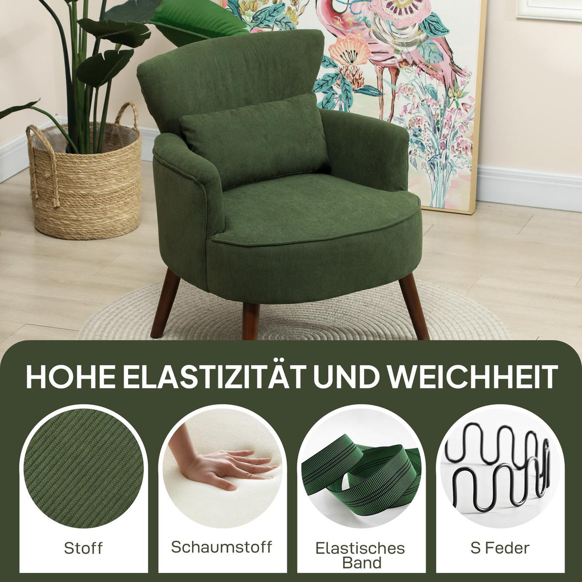 Green Corduroy Wingback Chair – High-Density Foam, 18cm Padding