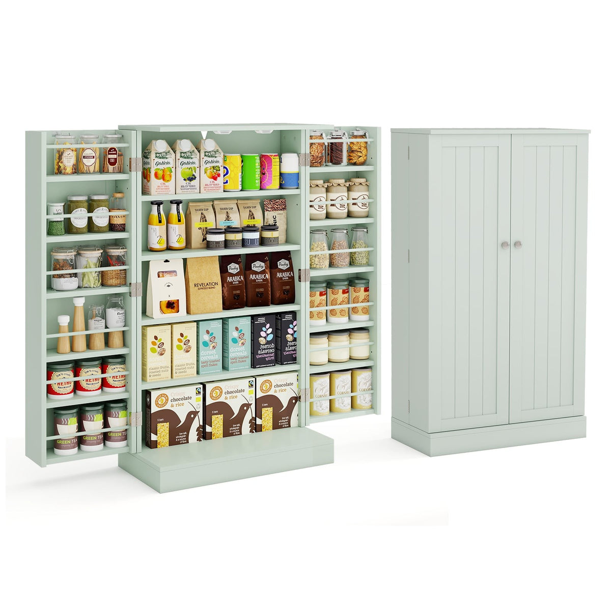 Green Kitchen Pantry Cabinet with Adjustable Shelves, 104 cm