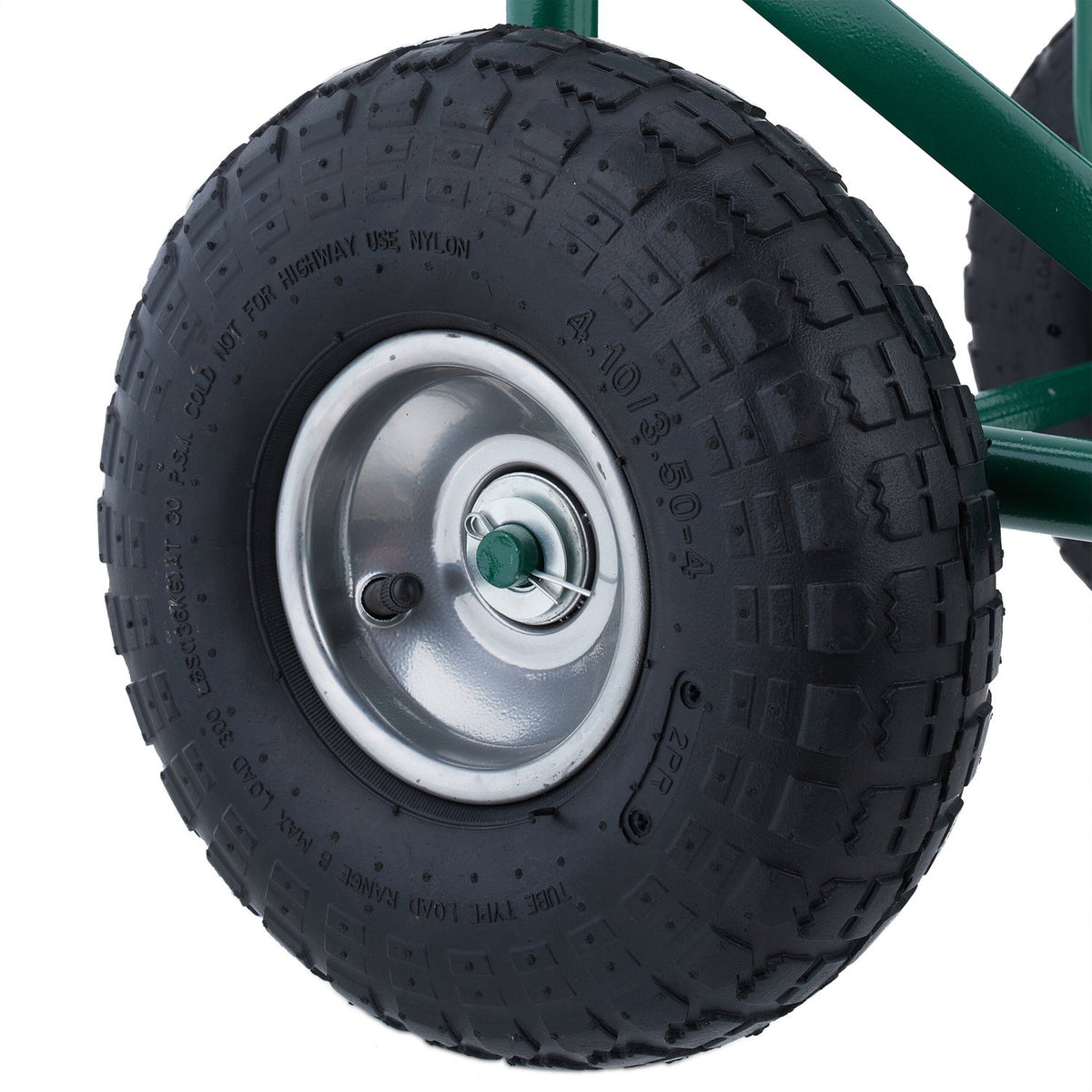 Green firewood cart with pneumatic tires