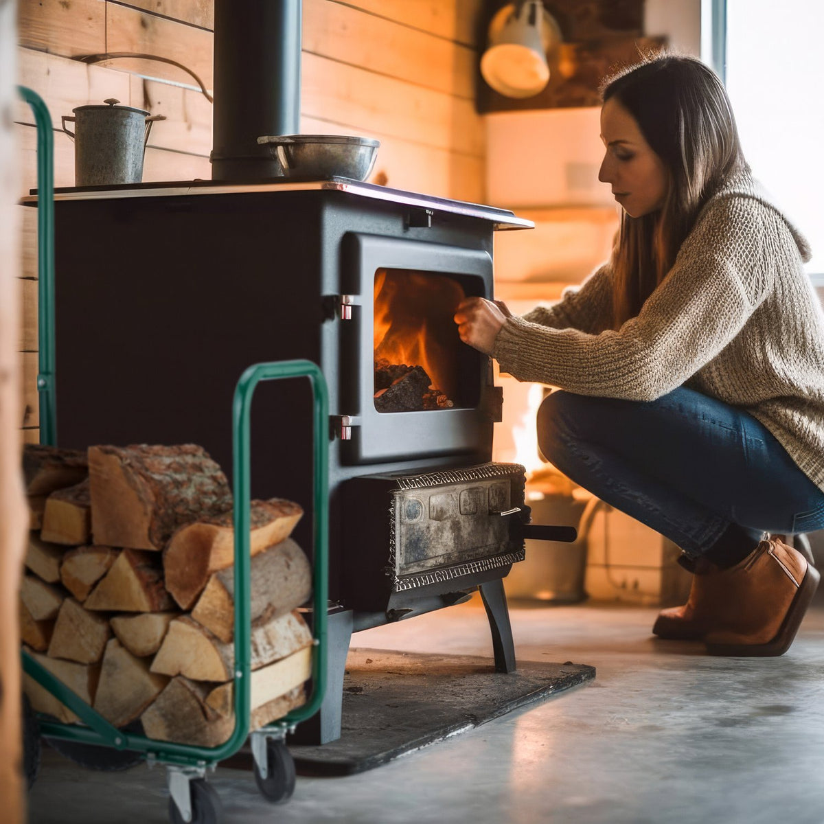 Green firewood cart with pneumatic tires