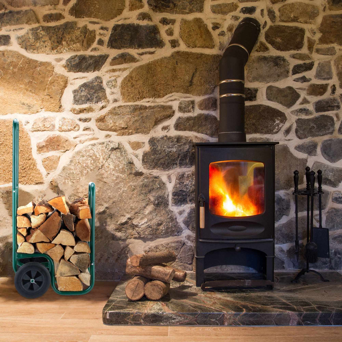 Green firewood cart with rubber tires