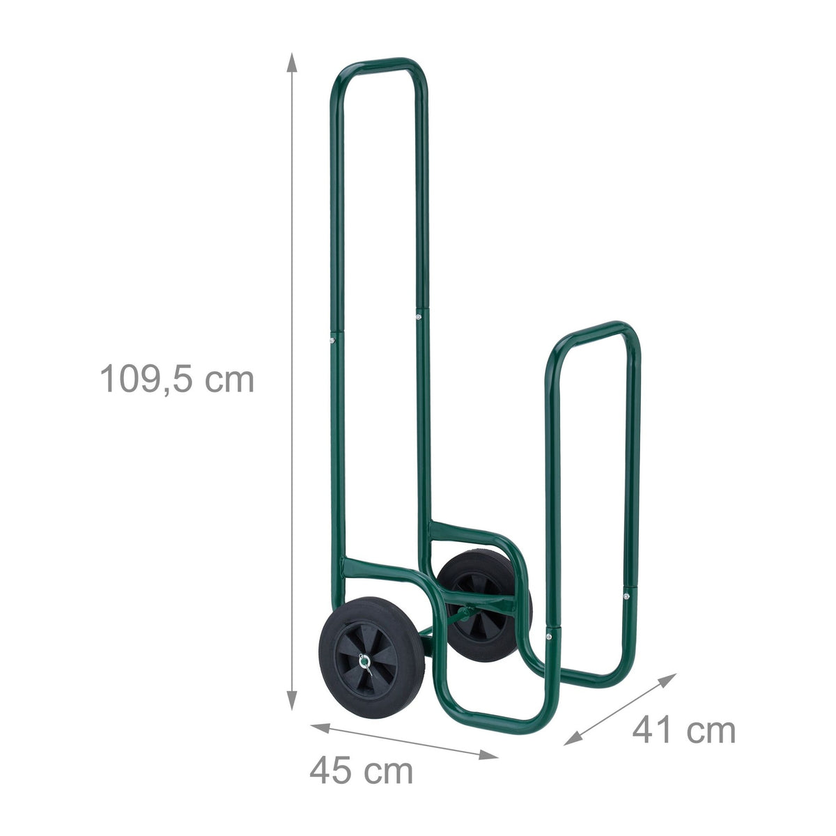 Green firewood cart with rubber tires