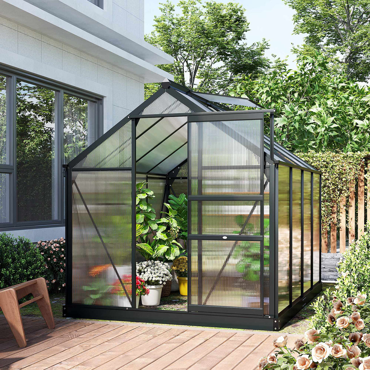 Greenhouse 190x252x201 cm, Polycarbonate, Sliding Door, Roof Vent