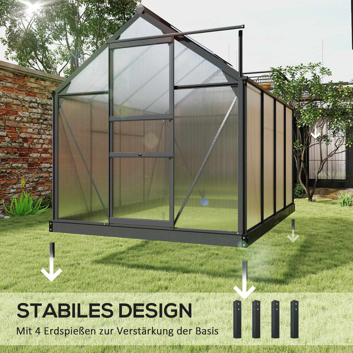 Greenhouse 190x252x201 cm, Polycarbonate, Sliding Door, Roof Vent