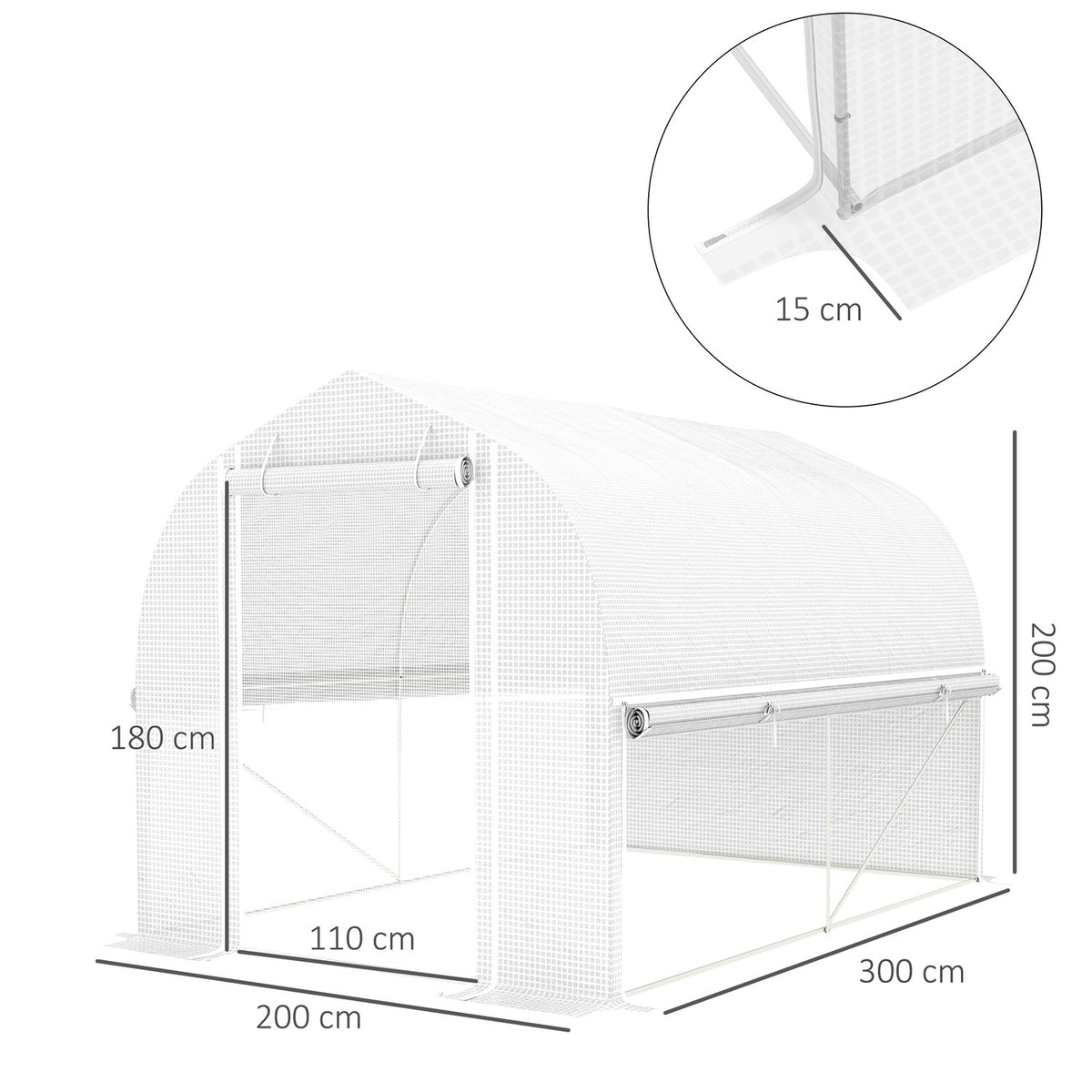 Greenhouse 3 x 2 x 2 m film greenhouse with 4 windows & door, roll-up side walls, UV-resistant film tunnel tomato house with galvanized steel frame, white