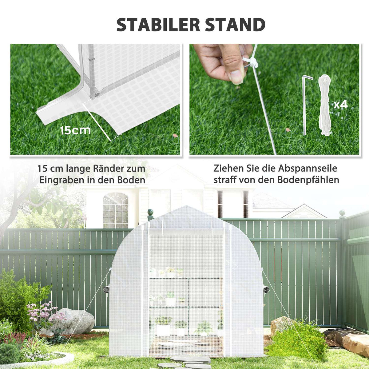 Greenhouse 3 x 2 x 2 m film greenhouse with 4 windows & door, roll-up side walls, UV-resistant film tunnel tomato house with galvanized steel frame, white