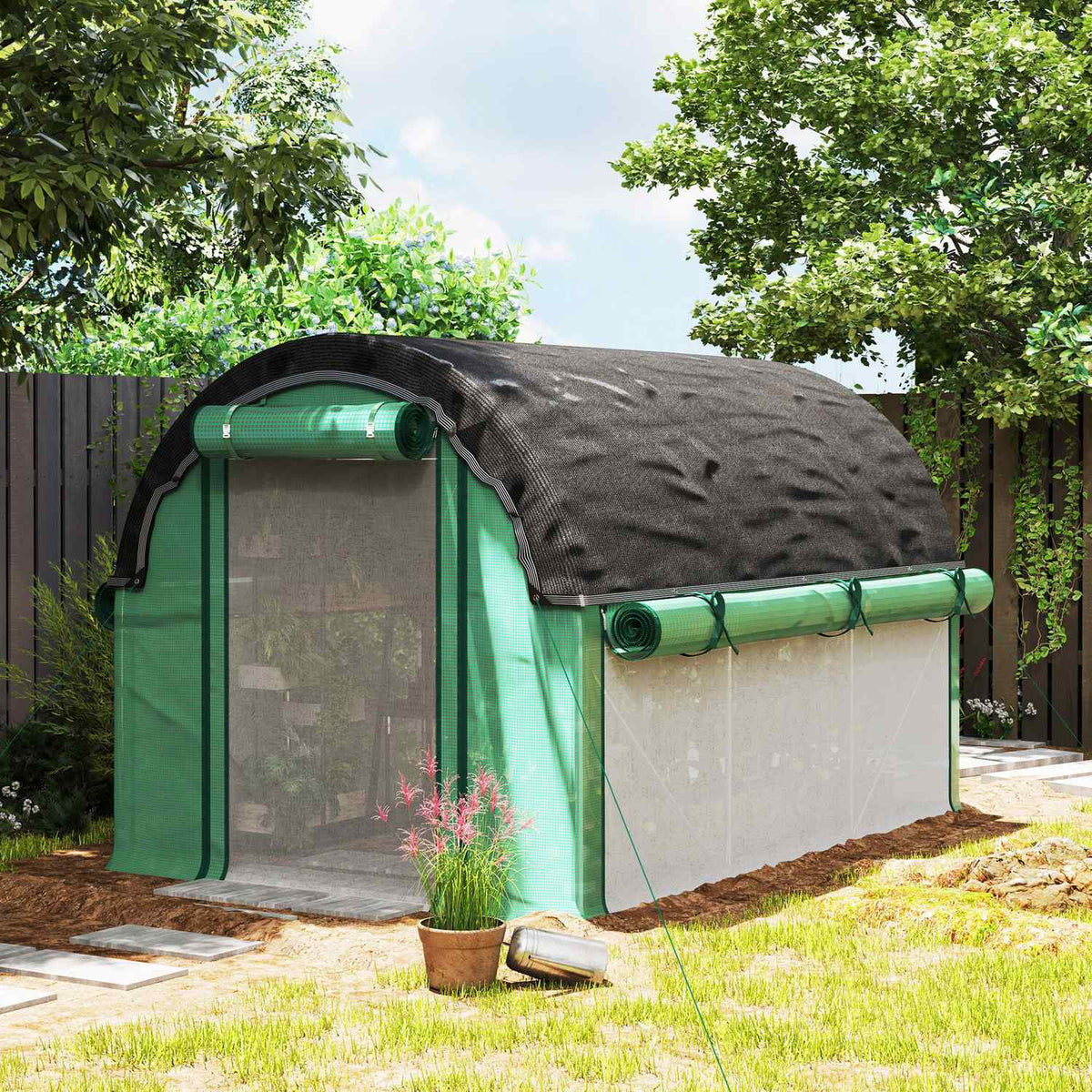 Greenhouse 3 x 2 x 2 m film greenhouse with 6 windows, roller doors, roll-up side walls, UV-resistant film tunnel, winterproof tomato house with ground anchor, green