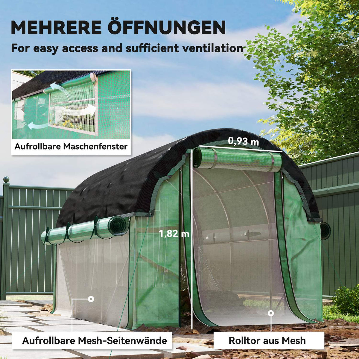 Greenhouse 3 x 2 x 2 m film greenhouse with 6 windows, roller doors, roll-up side walls, UV-resistant film tunnel, winterproof tomato house with ground anchor, green
