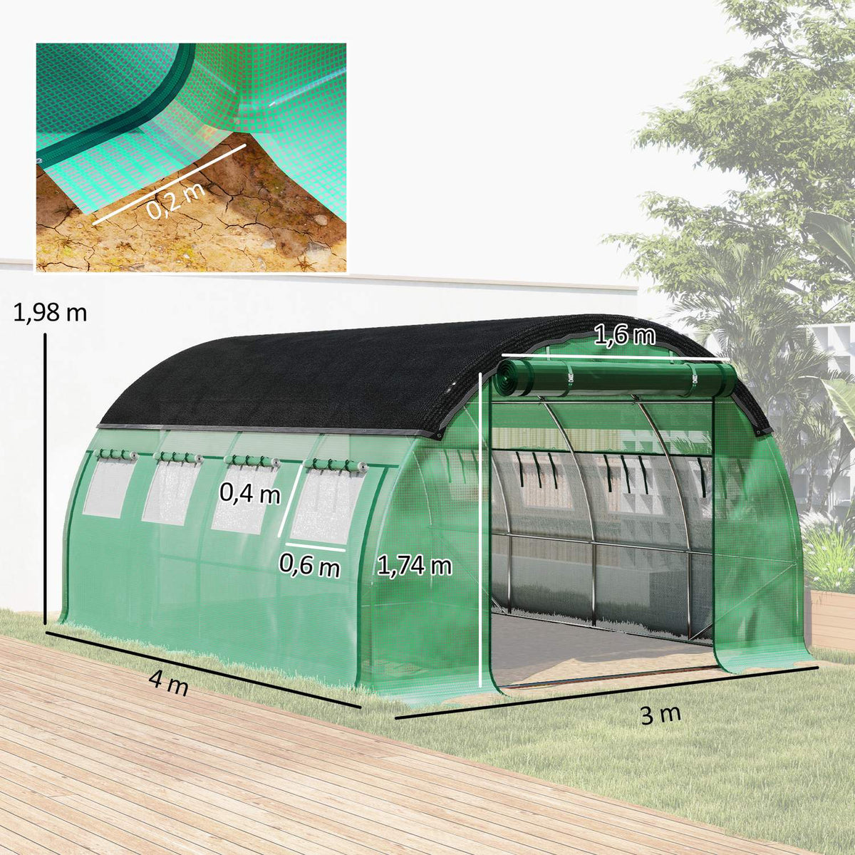 Greenhouse 4 x 3 x 2 m film greenhouse with 8 windows, roller doors, roll-up side walls, UV-resistant film tunnel, winterproof tomato house with ground anchor, green