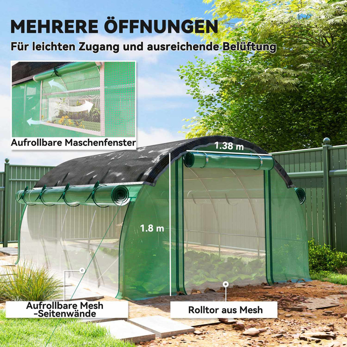 Greenhouse 4 x 3 x 2 m film greenhouse with 8 windows, roller doors, roll-up side walls, UV-resistant film tunnel, winterproof tomato house with ground anchor, green