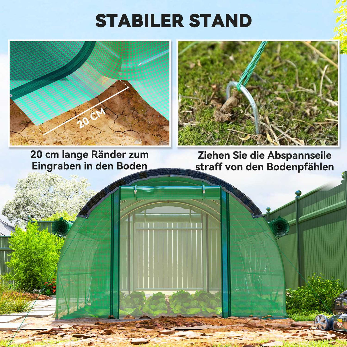 Greenhouse 4 x 3 x 2 m film greenhouse with 8 windows, roller doors, roll-up side walls, UV-resistant film tunnel, winterproof tomato house with ground anchor, green
