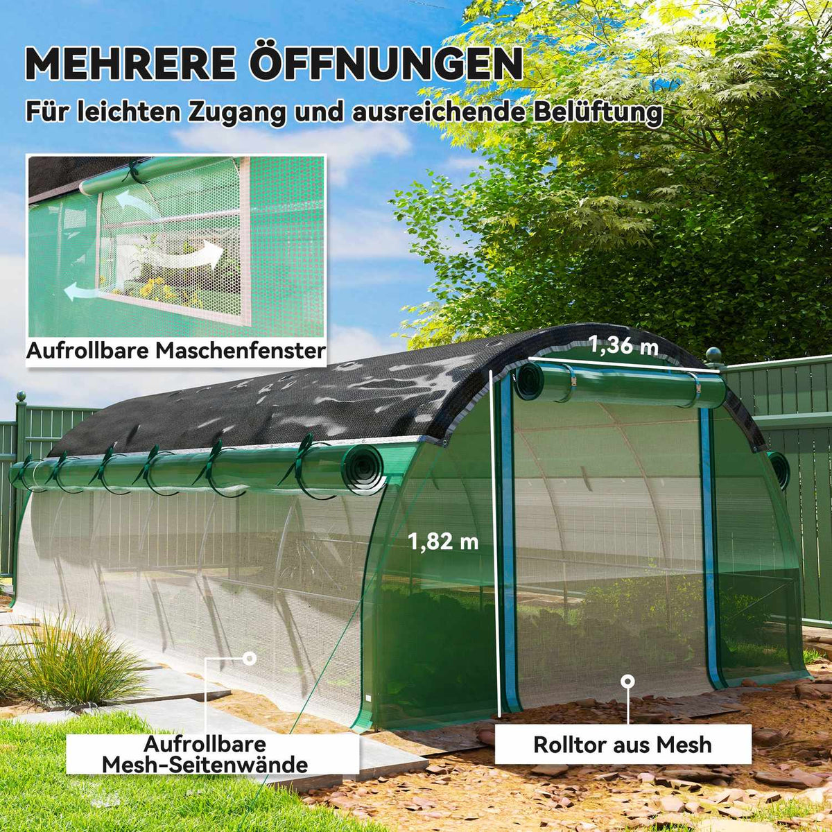 Greenhouse 6 x 3 x 2 m film greenhouse with 12 windows, roller doors, roll-up side walls, UV-resistant film tunnel, winterproof tomato house with ground anchor, green
