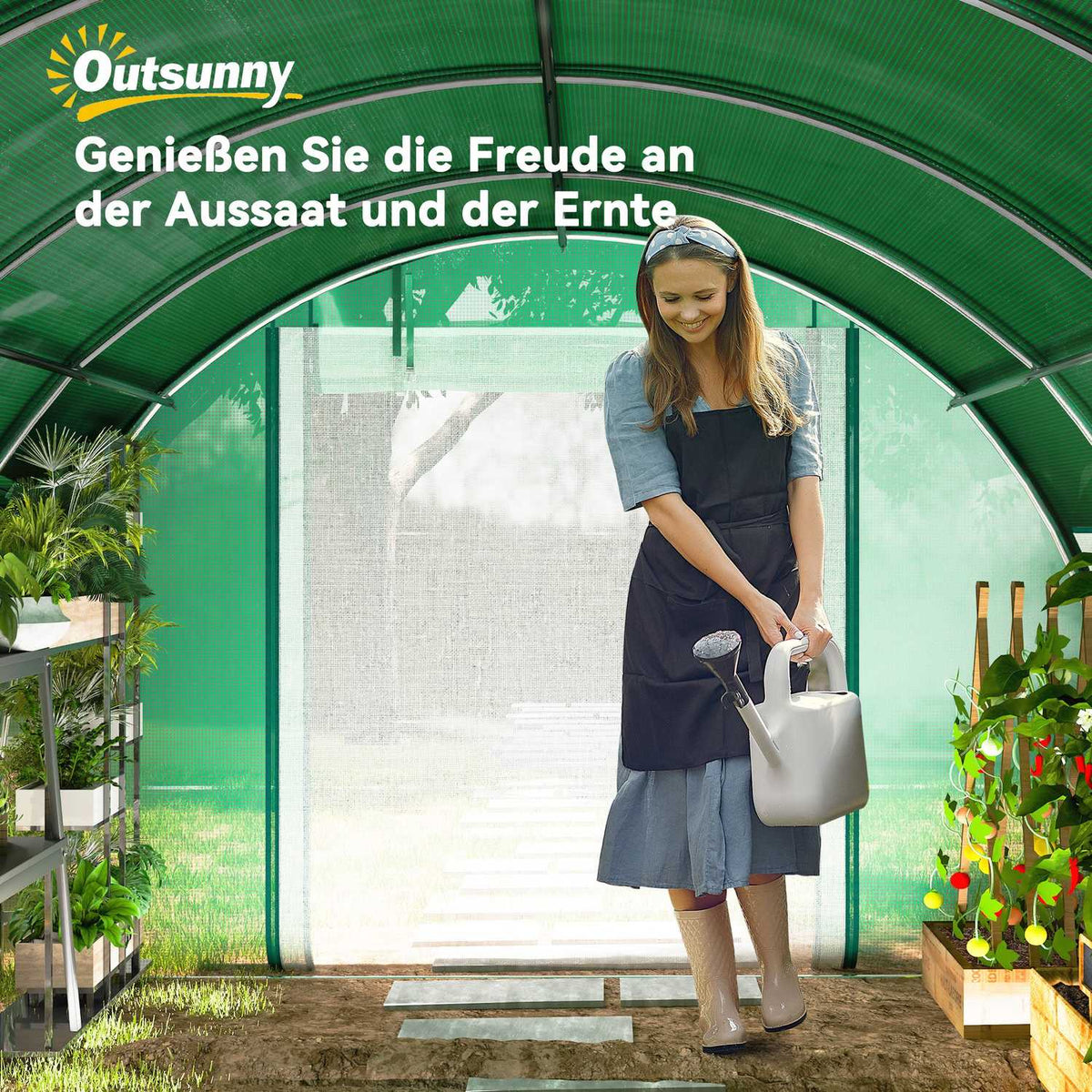 Greenhouse 6 x 3 x 2 m film greenhouse with 12 windows, roller doors, roll-up side walls, UV-resistant film tunnel, winterproof tomato house with ground anchor, green
