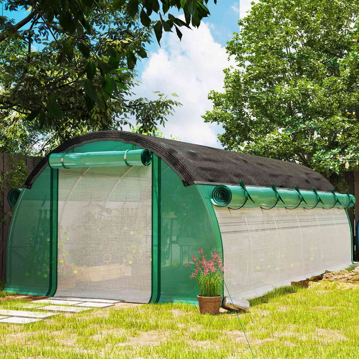 Greenhouse 6 x 3 x 2 m film greenhouse with 12 windows, roller doors, roll-up side walls, UV-resistant film tunnel, winterproof tomato house with ground anchor, green