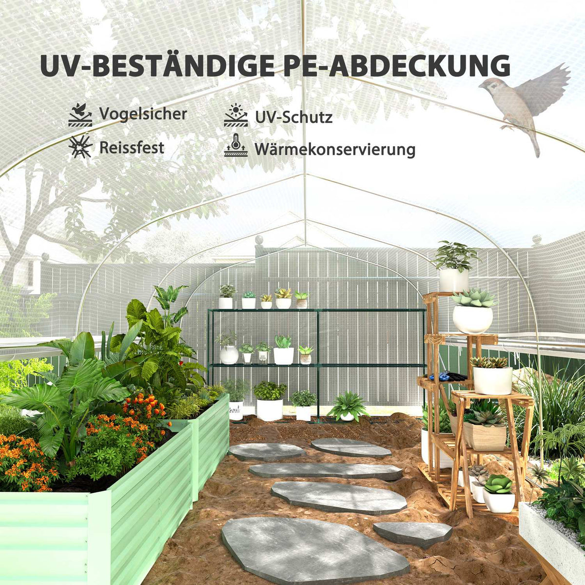 Greenhouse 6 x 3 x 2 m film greenhouse with 8 windows and doors, roll-up side walls, UV-resistant film tunnel, tomato house with galvanized steel frame, white