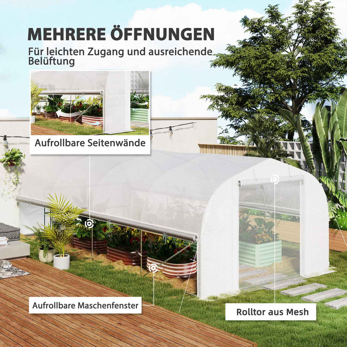 Greenhouse 6 x 3 x 2 m film greenhouse with 8 windows and doors, roll-up side walls, UV-resistant film tunnel, tomato house with galvanized steel frame, white