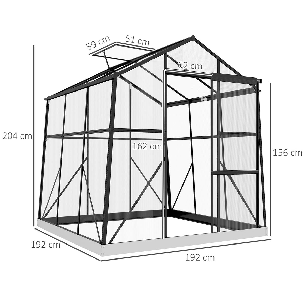 Greenhouse Aluminum 192 X 192 X 204 Cm Greenhouse 3.68 M² Tomato House With Window, Sliding Door, Foundation, Growing Plant House, Black
