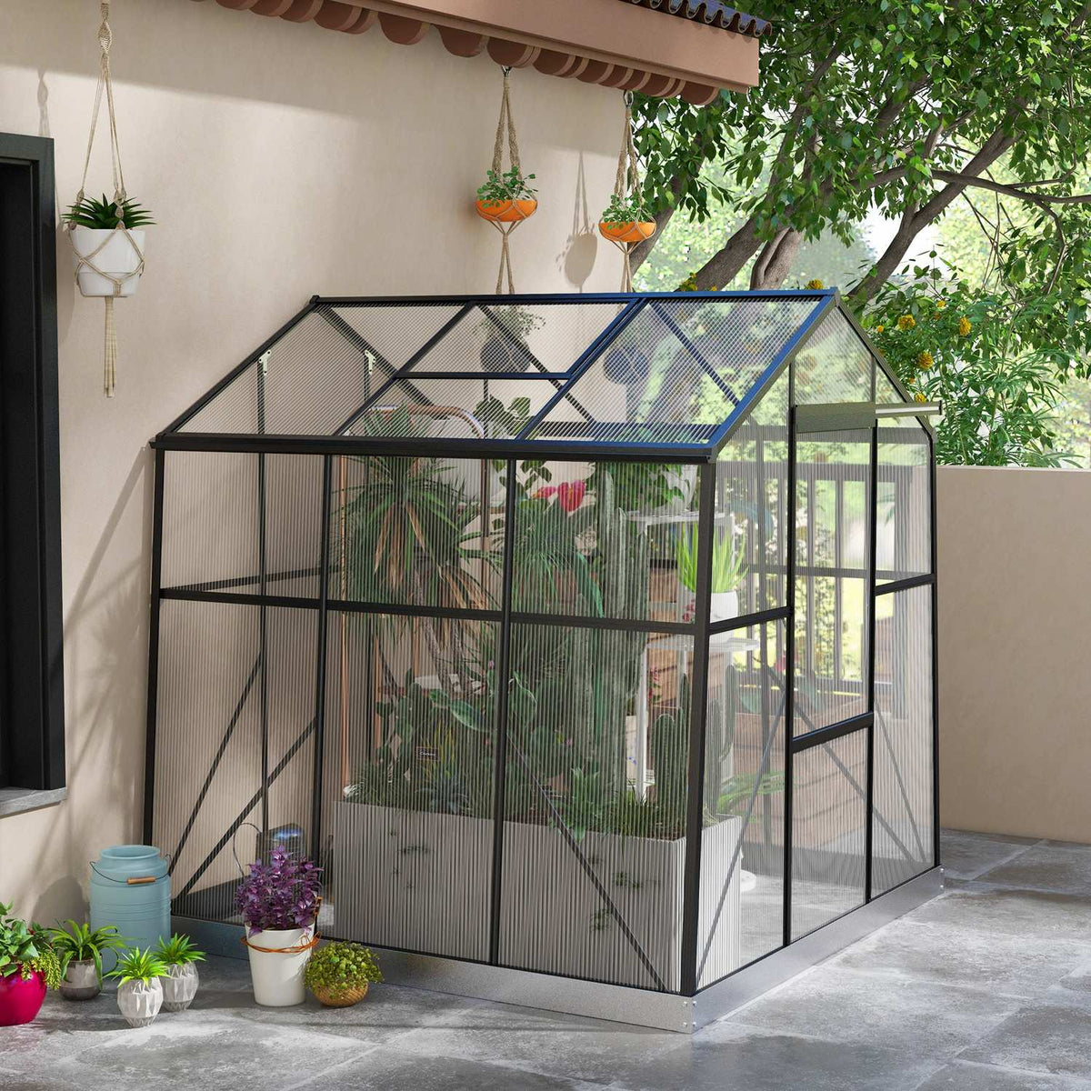 Greenhouse Aluminum 192 X 192 X 204 Cm Greenhouse 3.68 M² Tomato House With Window, Sliding Door, Foundation, Growing Plant House, Black