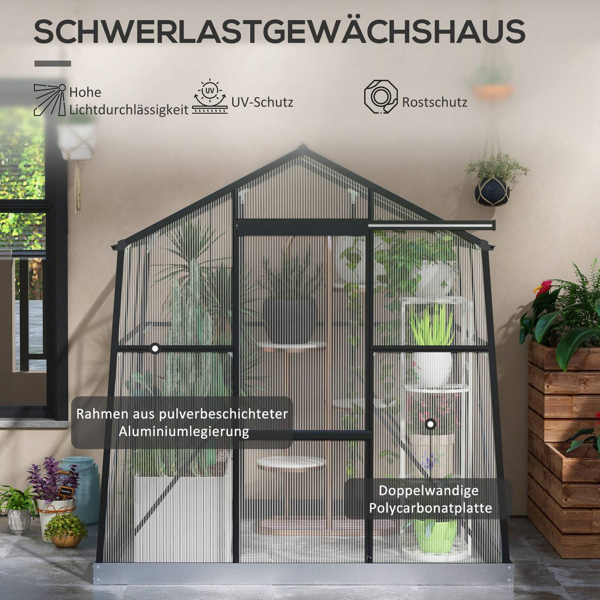 Greenhouse Aluminum 192 X 192 X 204 Cm Greenhouse 3.68 M² Tomato House With Window, Sliding Door, Foundation, Growing Plant House, Black