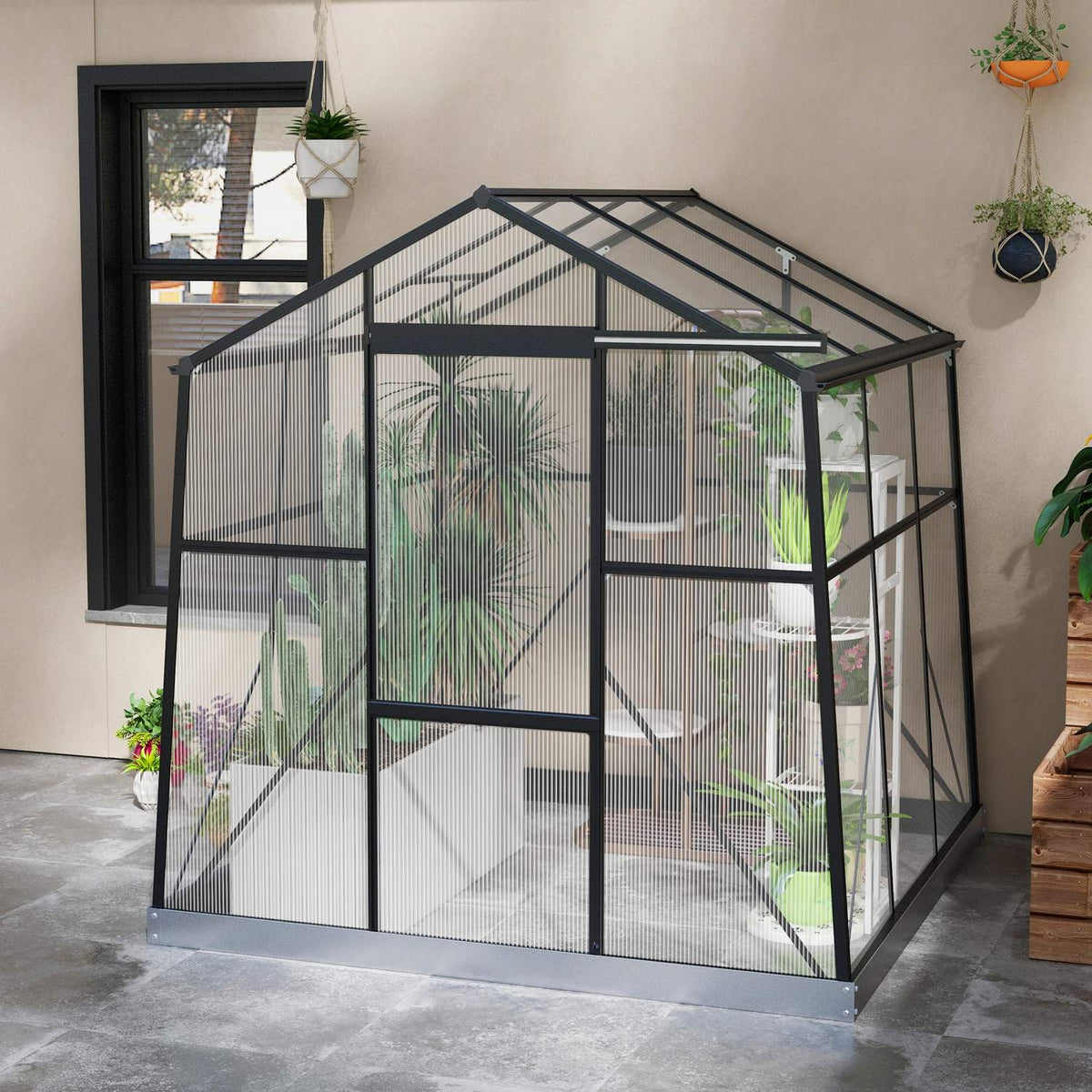 Greenhouse Aluminum 192 X 192 X 204 Cm Greenhouse 3.68 M² Tomato House With Window, Sliding Door, Foundation, Growing Plant House, Black