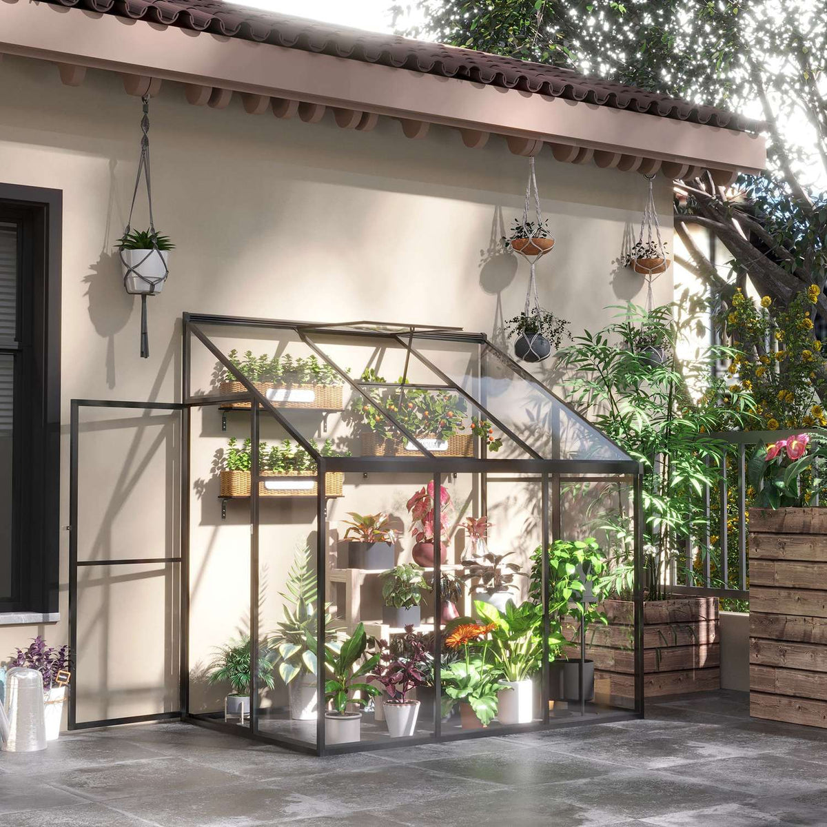 Greenhouse Garden Shed With Adjustable Roof & Lockable Door, Aluminum Alloy, 182X122Cm, Black