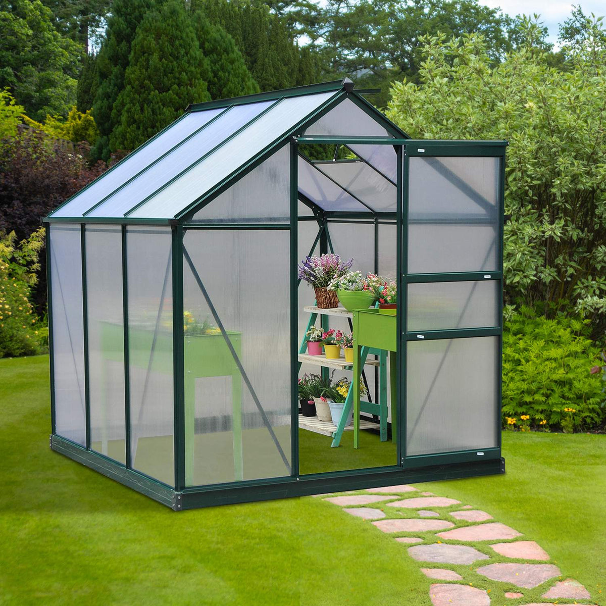 Greenhouse With Aluminum Frame Greenhouse With Skylight, Door, Foundation, Walk-In, Weather-Resistant, 190X192X201Cm