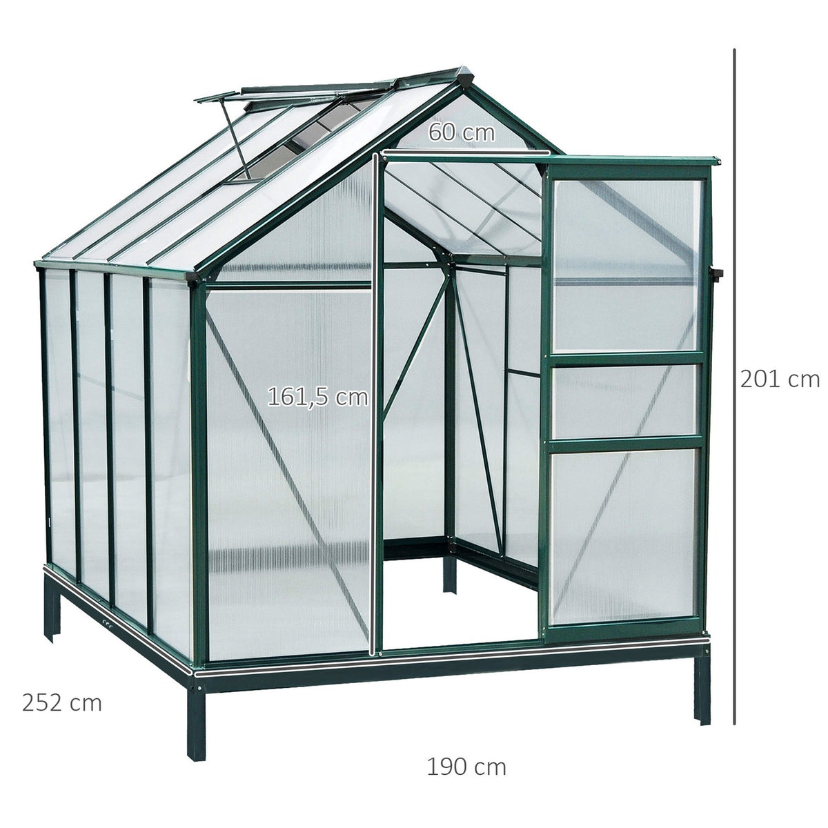 Greenhouse With Aluminum Frame Greenhouse With Skylight, Door, Foundation, Walk-In, Weather-Resistant, 190X252X201Cm