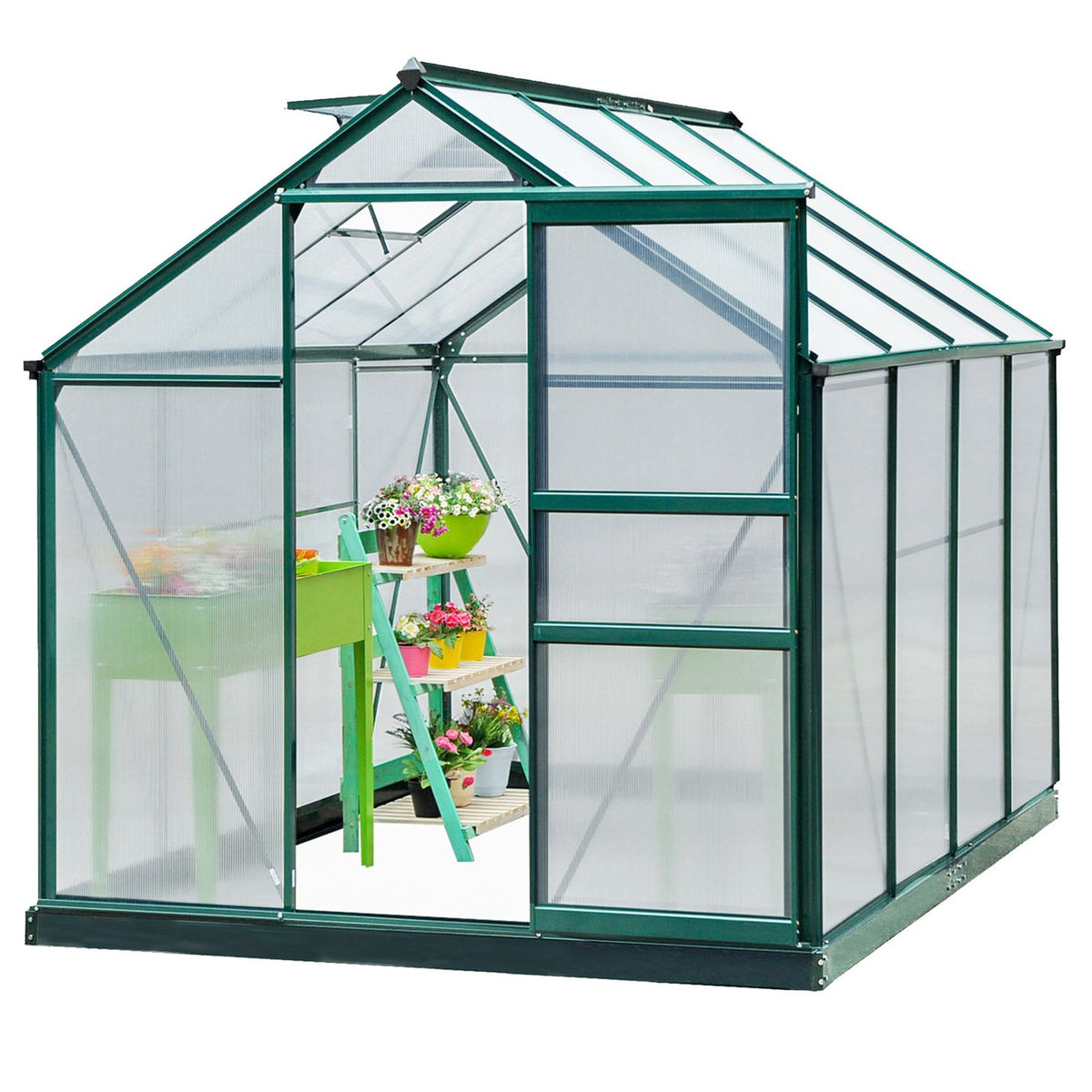 Greenhouse With Aluminum Frame Greenhouse With Skylight, Door, Foundation, Walk-In, Weather-Resistant, 190X252X201Cm