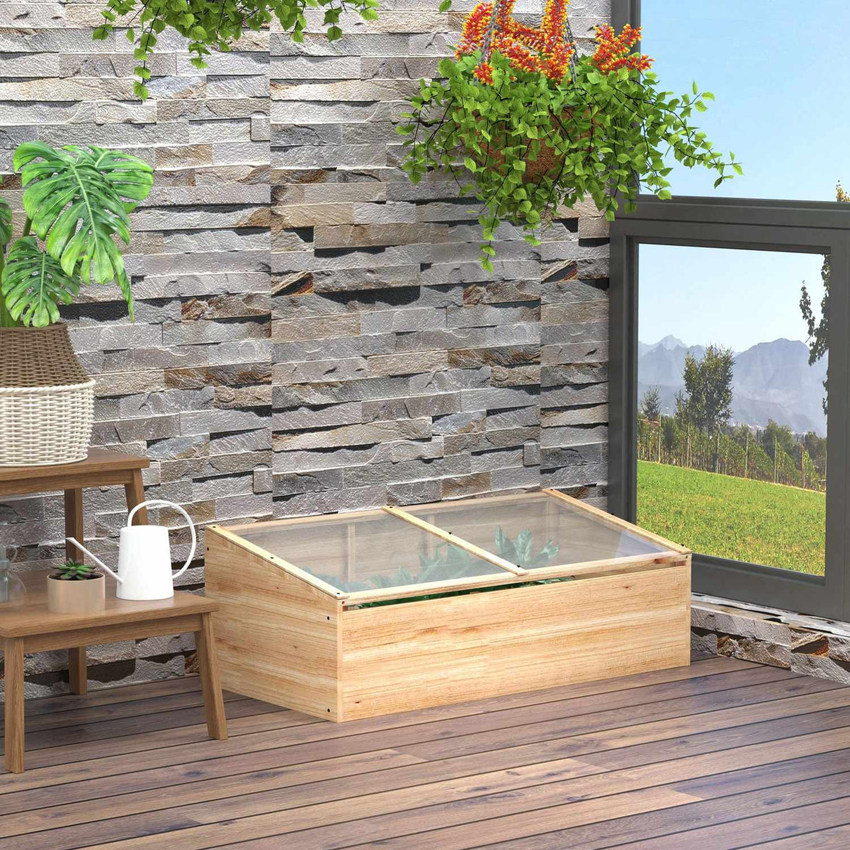 Greenhouse Wooden Cold Frame Box, Greenhouse & Garden Plant Box System, 100X50X35 Cm, Natural, Fir, Pc Board