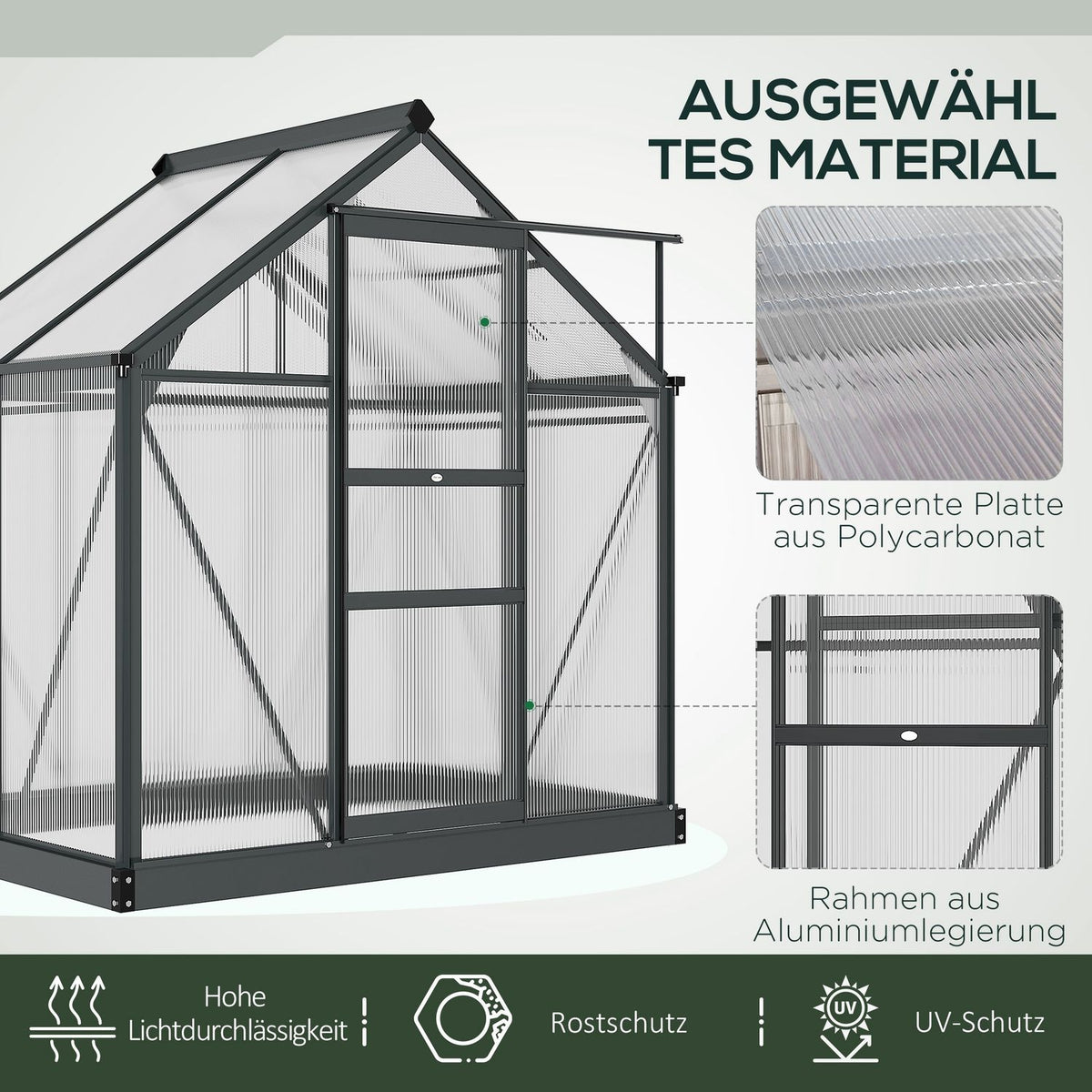 Greenhouse aluminum greenhouse 190 x 132 x 201 cm with skylight and door, walk-in plant house with foundation, weather-resistant, gray-transparent