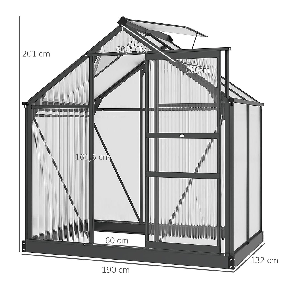 Greenhouse aluminum greenhouse 190 x 132 x 201 cm with skylight and door, walk-in plant house with foundation, weather-resistant, gray-transparent