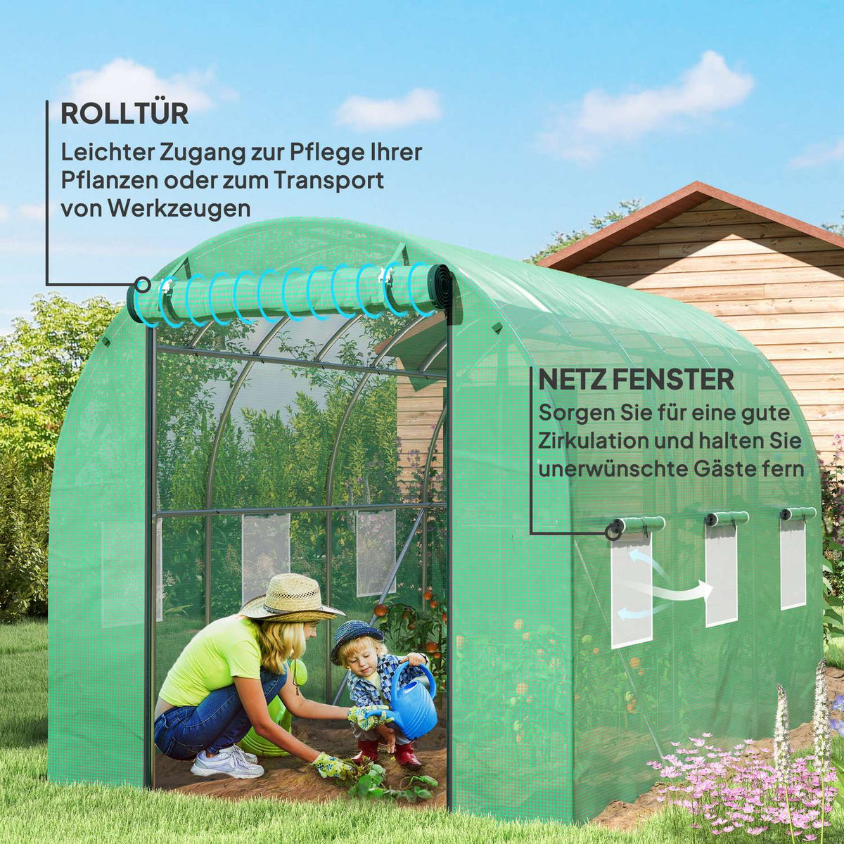 Greenhouse approx. 3 x 2 x 2 m film greenhouse with 6 windows, roller door, roll-up side walls, UV-resistant film tunnel, winterproof tomato house with ground anchor, green