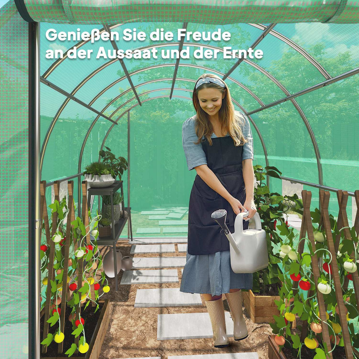 Greenhouse approx. 3 x 2 x 2 m film greenhouse with 6 windows, roller door, roll-up side walls, UV-resistant film tunnel, winterproof tomato house with ground anchor, green