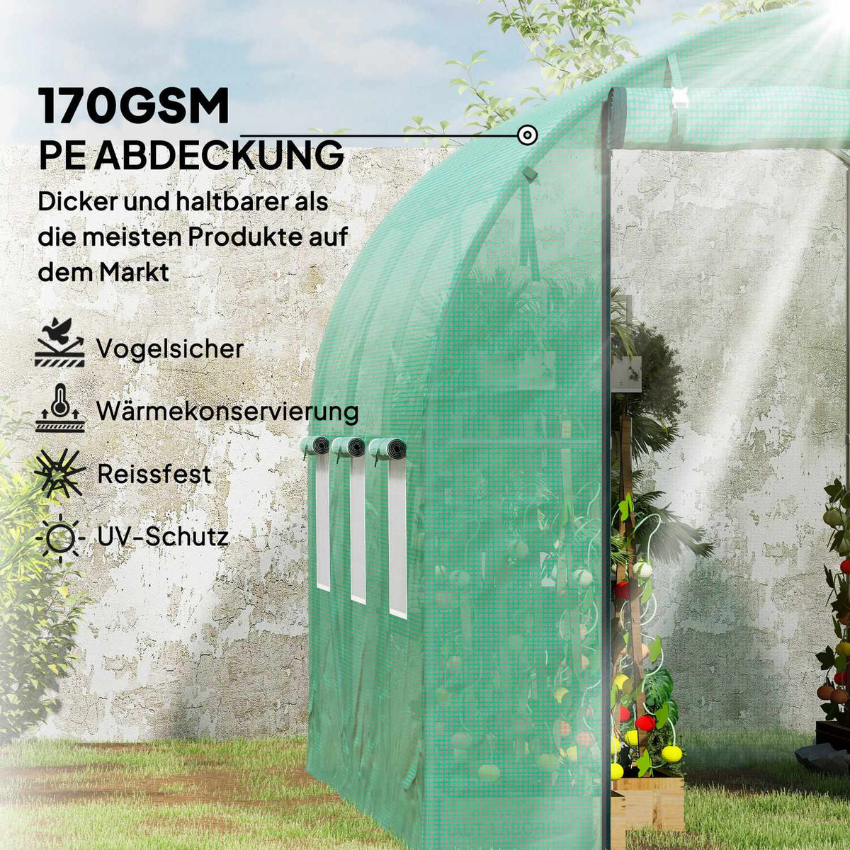 Greenhouse approx. 3 x 2 x 2 m film greenhouse with 6 windows, roller door, roll-up side walls, UV-resistant film tunnel, winterproof tomato house with ground anchor, green