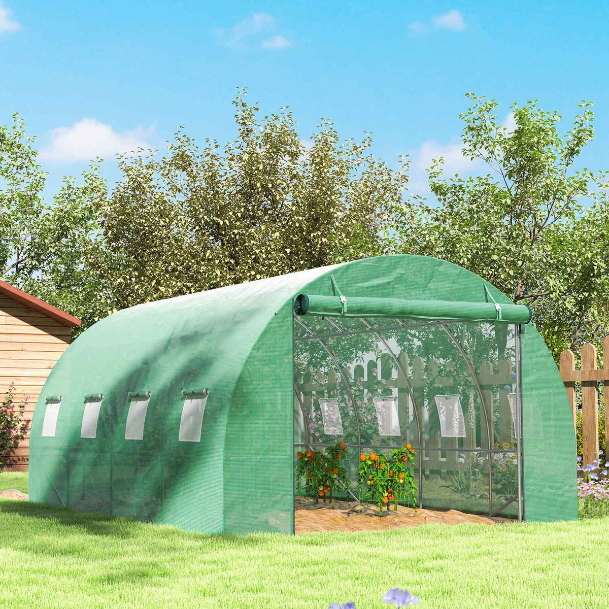 Greenhouse approx. 4 x 3 x 2 m film greenhouse with 8 windows, roller door, roll-up side walls, UV-resistant film tunnel, winterproof tomato house with ground anchor, green